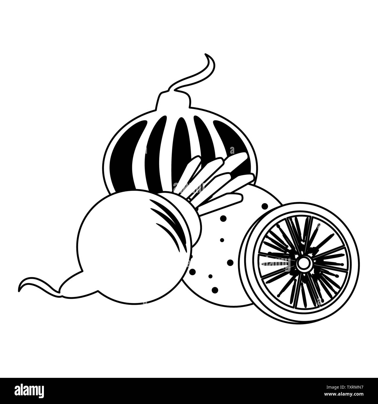 Vegetables and fruits healthy food in black and white Stock Vector ...