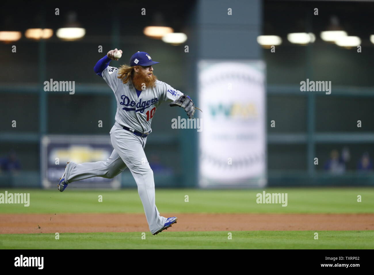 Los Angeles Dodgers third baseman Justin Turner complete a play on Houston Astros' Alex Bregman for an out in the first inning of game 3 of the 2017 MLB World Series at Minute Maid Park in Houston on October 27, 2017. Photo by Jamie Squire/UPI Stock Photo