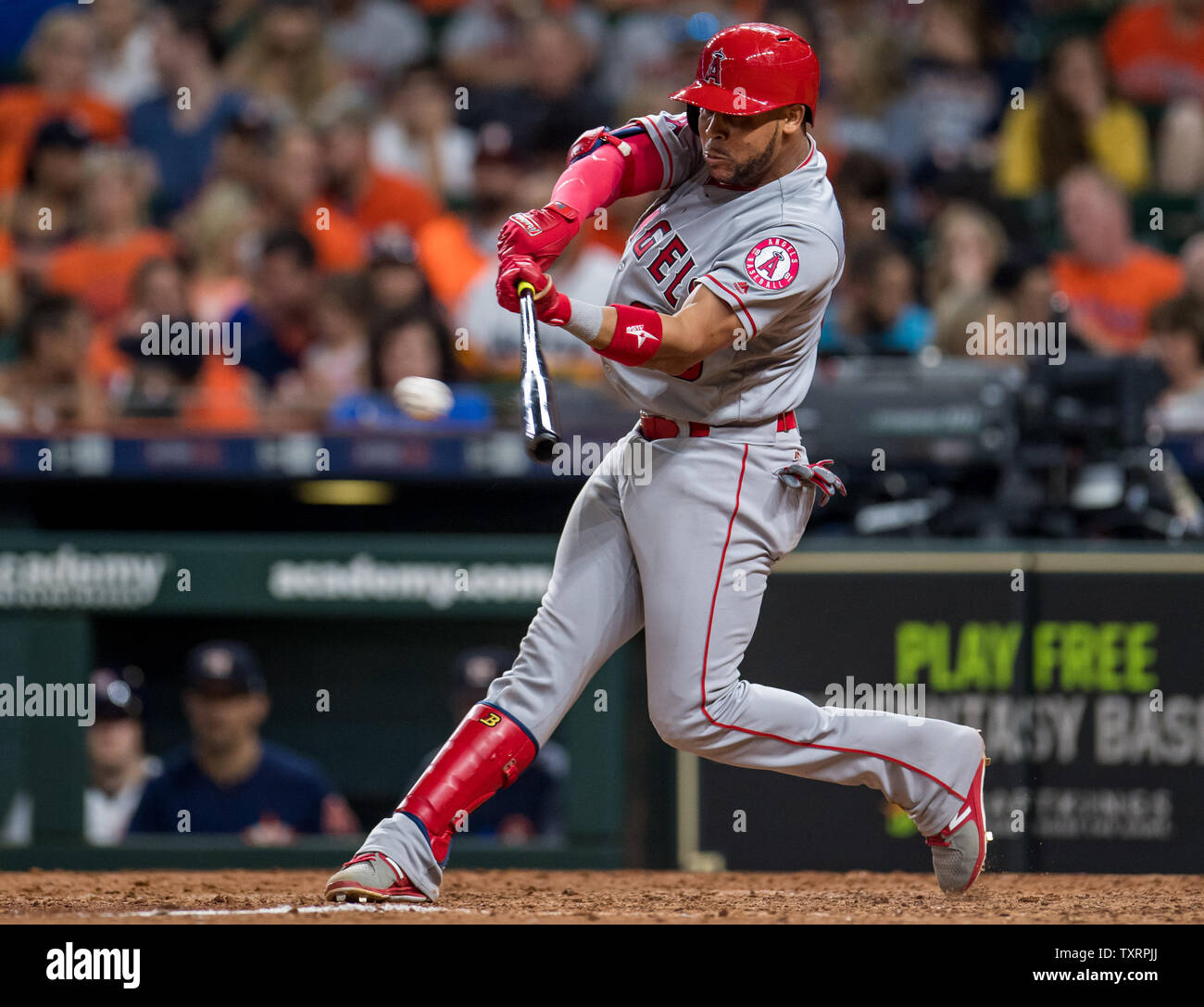 Jose Fernandez of the Los Angeles Angels hits a double against the
