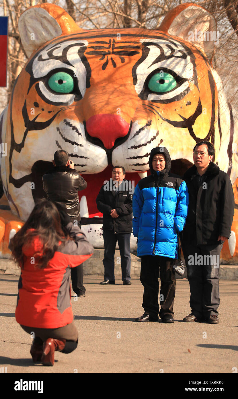Chinese tourists visit the Siberian Tiger Park in Harbin, the capital of the China's northern Heilongjiang Province near Russia, February 27, 2012.  The park is the largest natural park (355.8 acres) for wild Siberian tigers in the world at present.  There are over 500 purebred Siberian tigers, along with white tigers, lions, leopards, black pumas and Bengali tigers.     UPI/Stephen Shaver Stock Photo