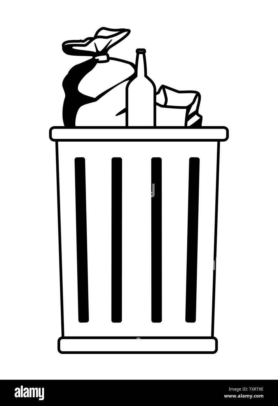 trash garbage can icon cartoon in black and white Stock Vector Image