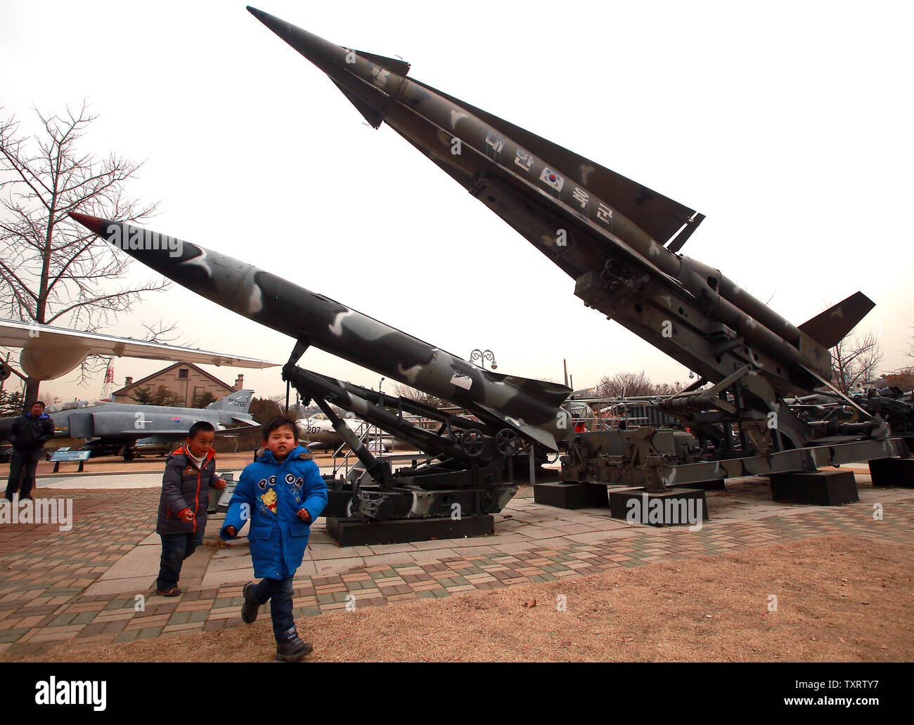 American MIM-24 Nike Hercules (L) and MGM-Lance missiles are on display at the War Memorial of Korea in Seoul on January 28, 2013.   North Korea said last week that it plans to carry out a new nuclear test and more long-range rocket launches, all of which it said are part of a new phase of confrontation with the United States.  North Korea also warned of the possibility of 'strong physical counter-measures' against South Korea if they support tougher UN sanctions.    UPI/Stephen Shaver Stock Photo