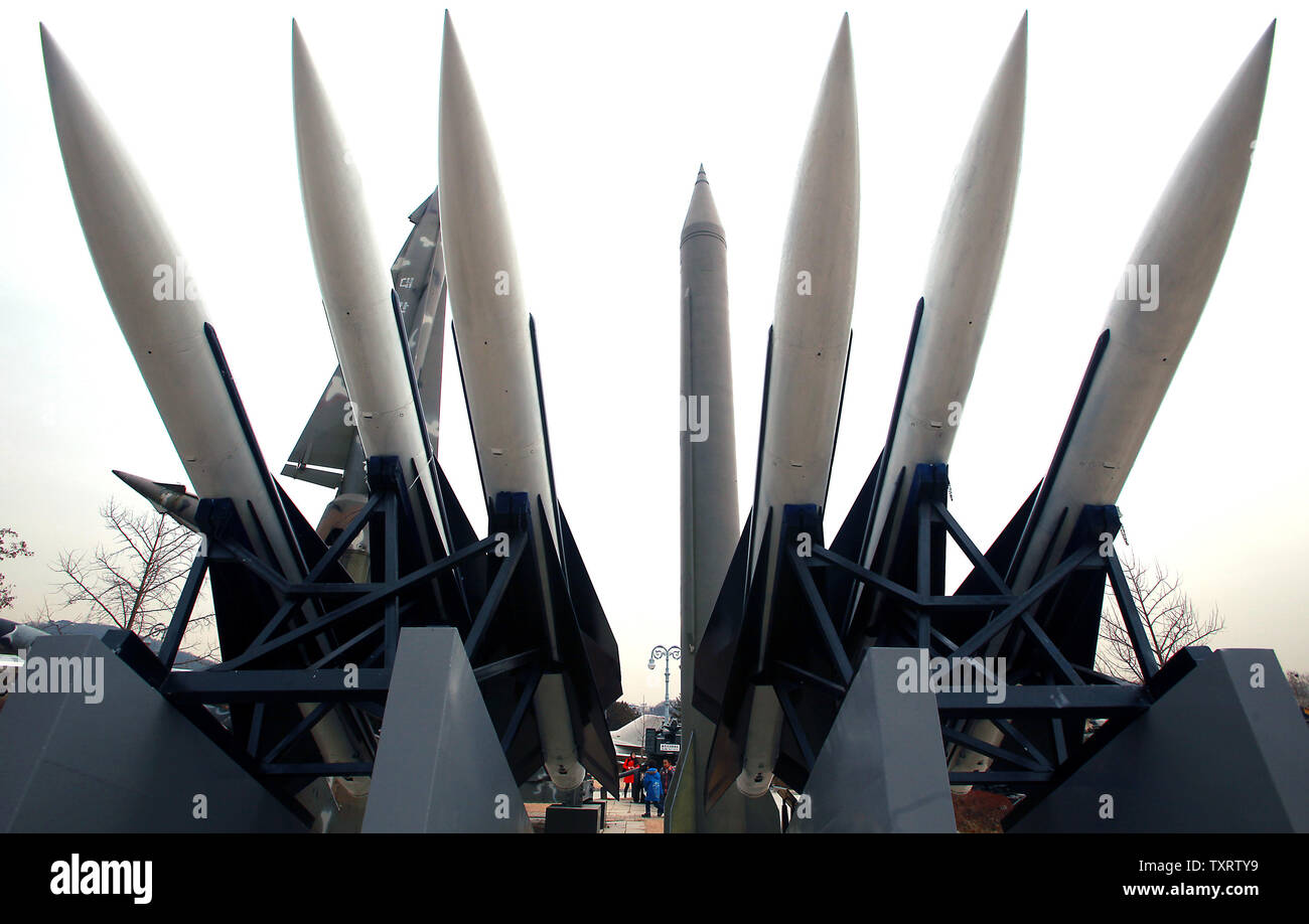 American MIM-23 Hawk Missiles (Soviet Scud-B Ballistic Missile in background)  are on display at the War Memorial of Korea in Seoul are on January 28, 2013.   North Korea said last week that it plans to carry out a new nuclear test and more long-range rocket launches, all of which it said are part of a new phase of confrontation with the United States.  North Korea also warned of the possibility of 'strong physical counter-measures' against South Korea if they support tougher UN sanctions.    UPI/Stephen Shaver Stock Photo