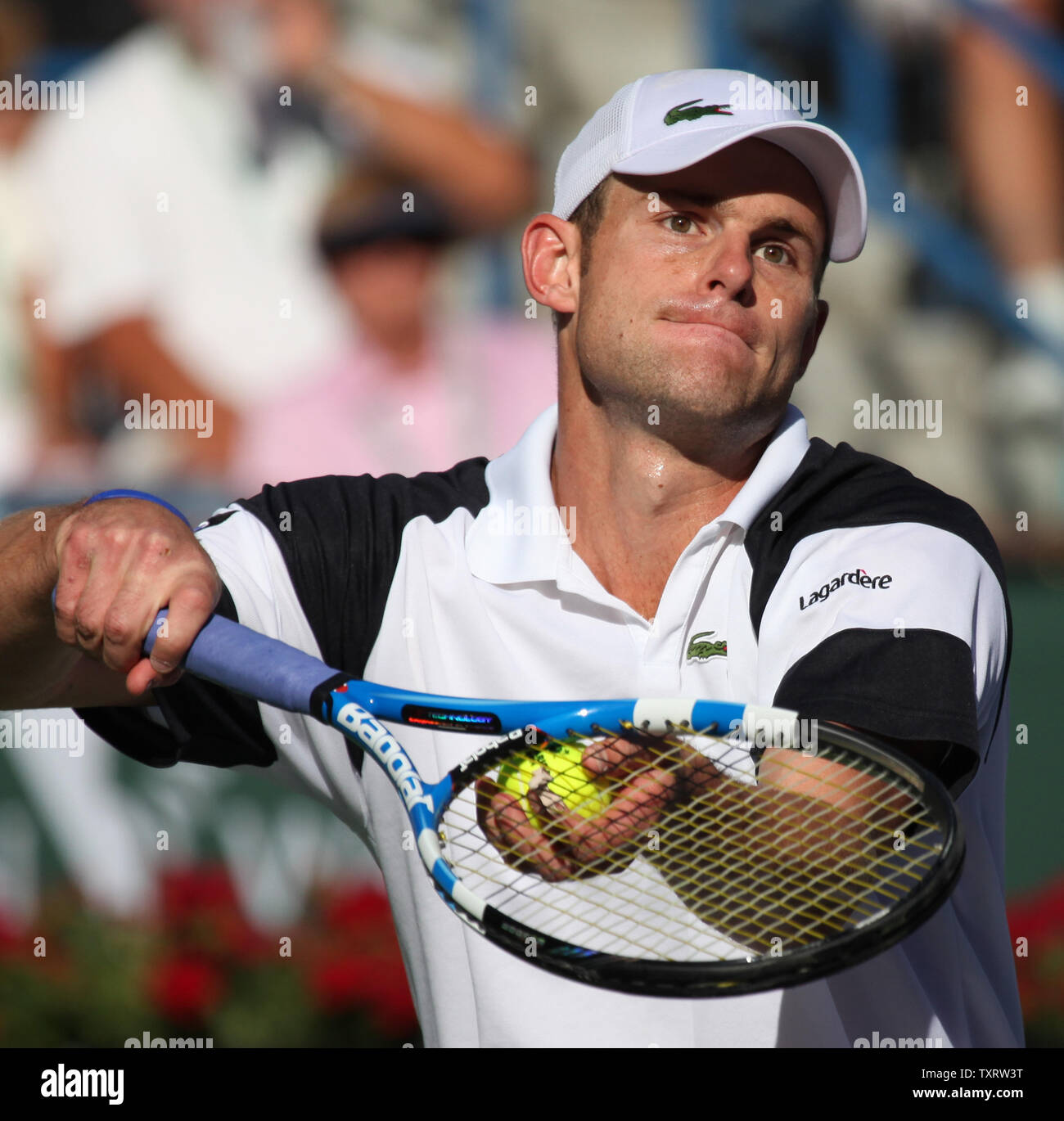 American Andy Roddick prepares to serve during his semi-final match with Spaniard Rafael Nadal during the BNP Paribas Open in Indian Wells, California on March 21, 2009.   Nadal advanced to the tournament finals with a 6-4, 7-6 (4) victory.  (UPI Photo/ David Silpa) Stock Photo