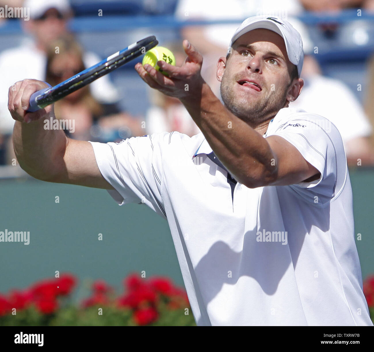 American Andy Roddick prepares to hit a serve during his mens semi-final match against Swede Robin Soderling at the BNP Paribas Open in Indian Wells, California on March 20, 2010.   Roddick defeated Soderling 6-4, 3-6, 6-3 to advance to the tournament finals.   UPI/David Silpa Stock Photo