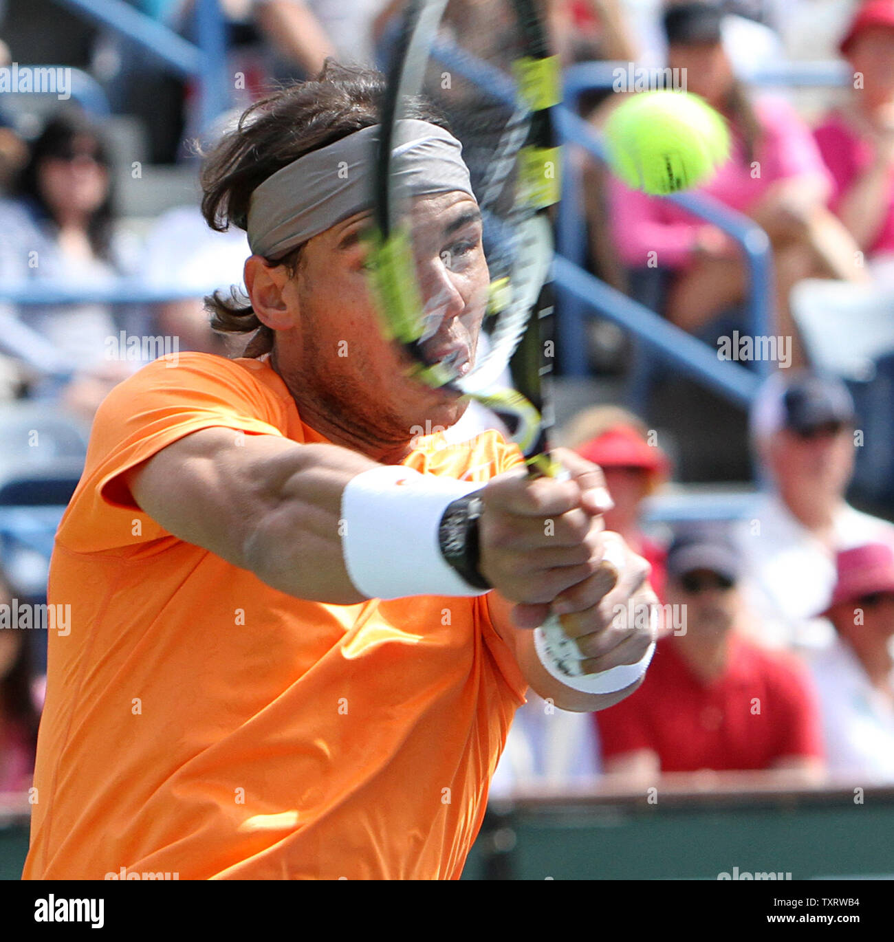 Spaniard Rafael Nadal hits a shot during his mens semi-final match against Argentine Juan Martin Del Potro at the BNP Paribas Open in Indian Wells, California on March 19, 2011.  Nadal defeated Del Potro 6-4, 6-4 to advance to the tournament final.   UPI/David Silpa Stock Photo