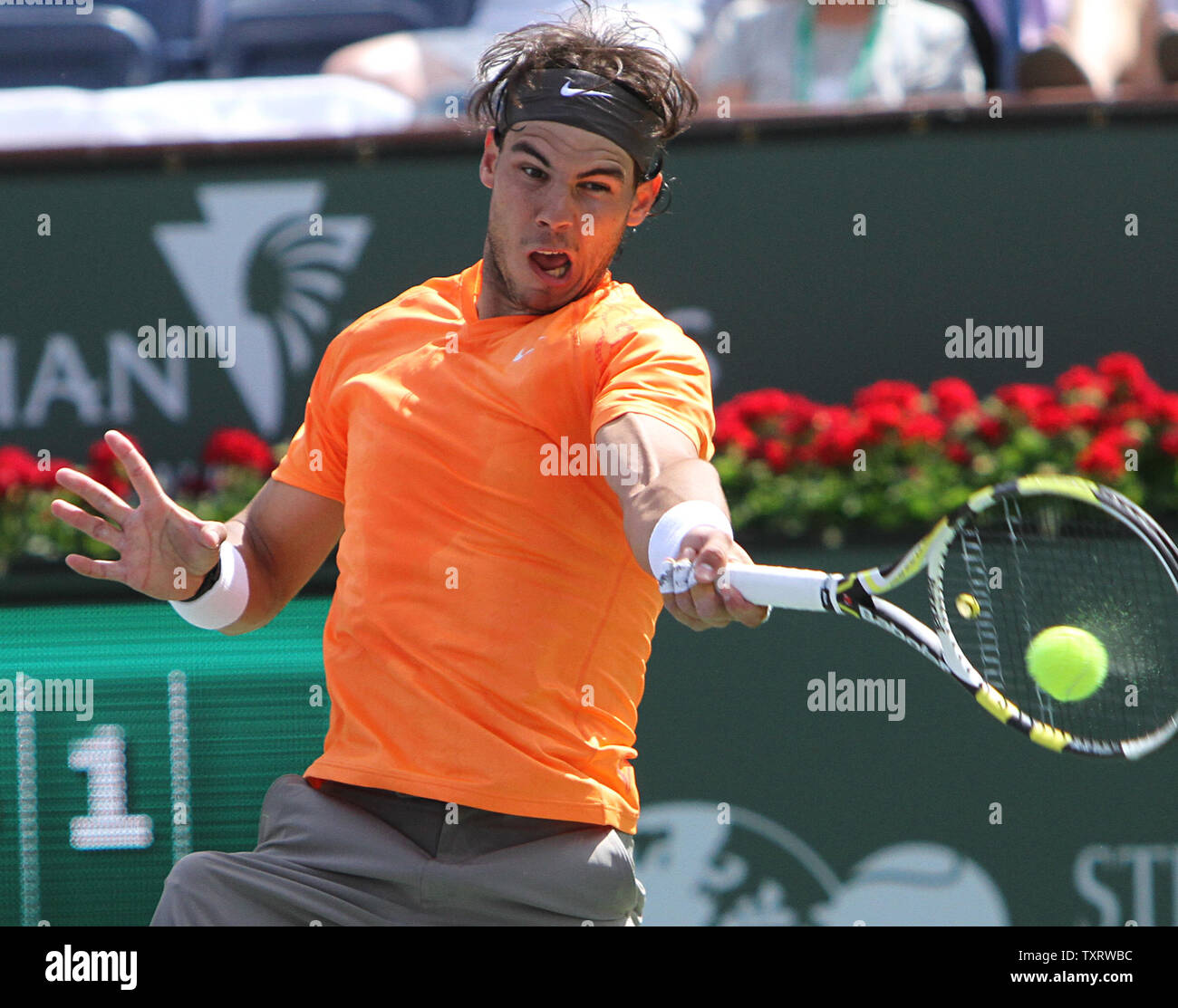 Spaniard Rafael Nadal hits a shot during his mens semi-final match against Argentine Juan Martin Del Potro at the BNP Paribas Open in Indian Wells, California on March 19, 2011.  Nadal defeated Del Potro 6-4, 6-4 to advance to the tournament final.   UPI/David Silpa Stock Photo