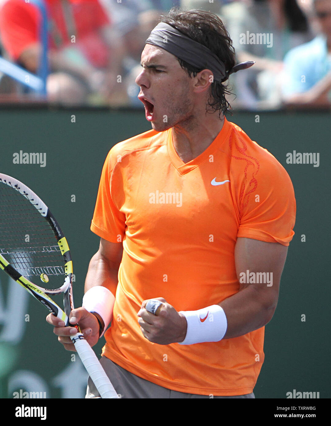 Spaniard Rafael Nadal reacts after a shot during his mens semi-final match against Argentine Juan Martin Del Potro at the BNP Paribas Open in Indian Wells, California on March 19, 2011.  Nadal defeated Del Potro 6-4, 6-4 to advance to the tournament final.   UPI/David Silpa Stock Photo