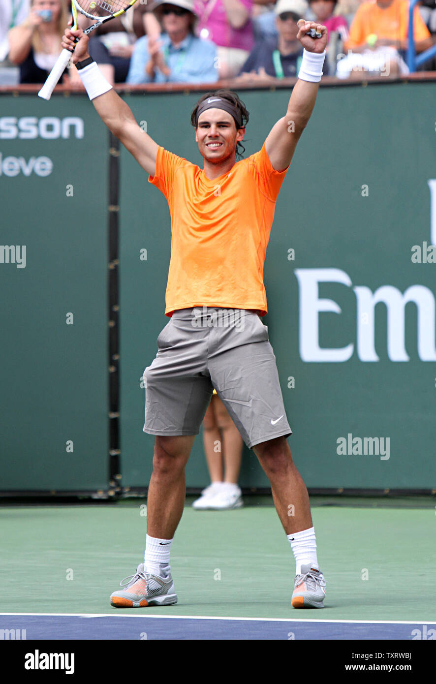 Spaniard Rafael Nadal celebrates after winning his mens semi-final match against Argentine Juan Martin Del Potro at the BNP Paribas Open in Indian Wells, California on March 19, 2011.  Nadal defeated Del Potro 6-4, 6-4 to advance to the tournament final.   UPI/David Silpa Stock Photo