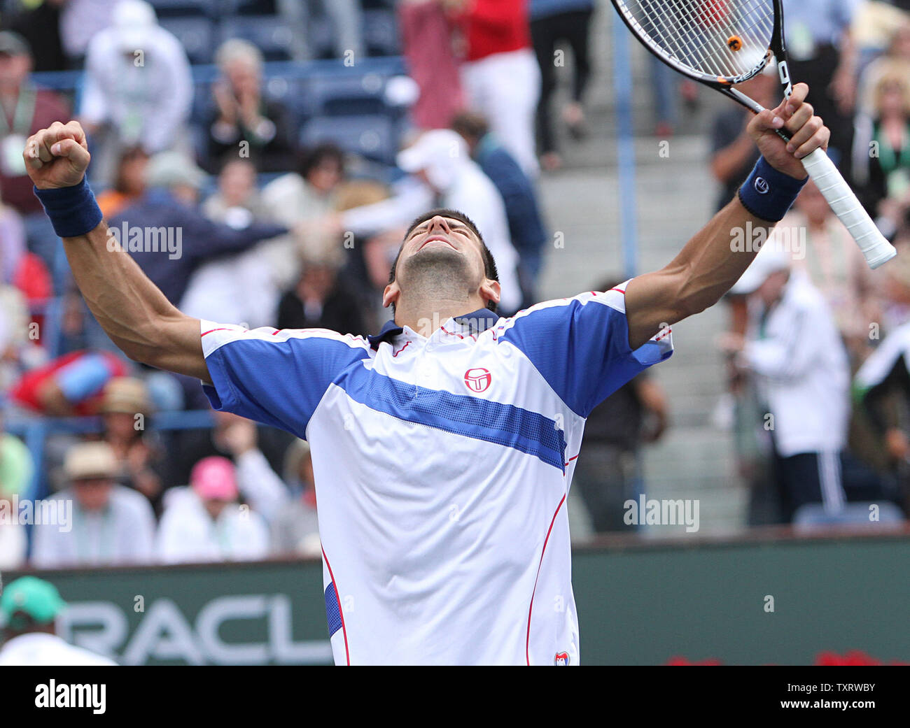 Serbian Novak Djokovic reacts after winning his mens final match against Spaniard Rafael Nadal at the BNP Paribas Open in Indian Wells, California on March 20, 2011.  Djokovic defeated Nadal 4-6, 6-3, 6-2 to win the tournament.   UPI/David Silpa Stock Photo