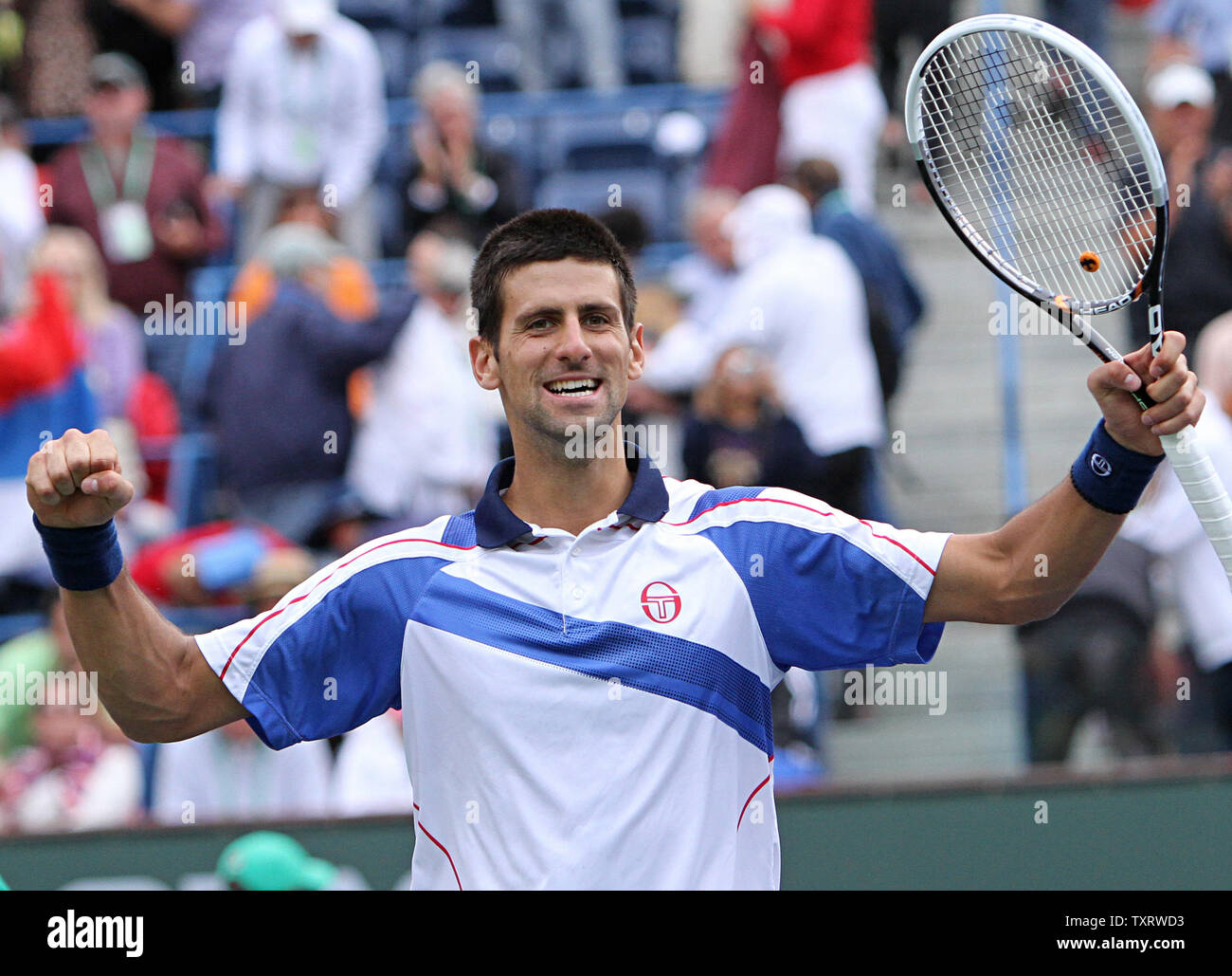 Serbian Novak Djokovic reacts after winning his mens final match against Spaniard Rafael Nadal at the BNP Paribas Open in Indian Wells, California on March 20, 2011.  Djokovic defeated Nadal 4-6, 6-3, 6-2 to win the tournament.   UPI/David Silpa Stock Photo