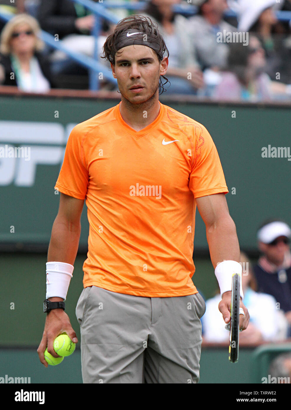 Spaniard Rafael Nadal pauses during his mens final match against Serbian Novak Djokovic at the BNP Paribas Open in Indian Wells, California on March 20, 2011.  Djokovic defeated Nadal 4-6, 6-3, 6-2 to win the tournament.   UPI/David Silpa Stock Photo