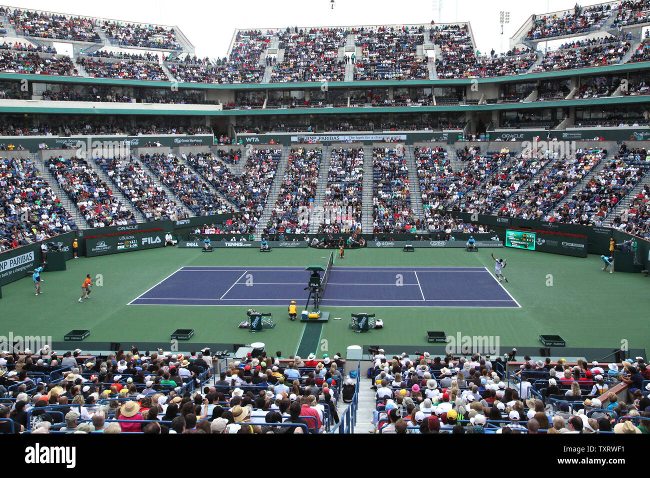 Center court is seen during the mens final match between Spaniard Rafael Nadal and Serbian Novak Djokovic at the BNP Paribas Open in Indian Wells, California on March 20, 2011.  Djokovic defeated Nadal 4-6, 6-3, 6-2 to win the tournament.   UPI/David Silpa Stock Photo