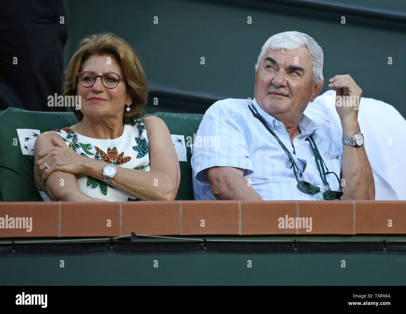 Lynette and Robert Federer, parents of Roger Federer, attend the men's  final match between Dominic Thiem of Austria and Roger Federer of  Switzerland at the BNP Paribas Open in Indian Wells, California