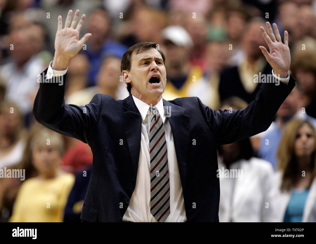 Indiana Pacers head coach Rick Carlisle argues a call with officals in game  4 of their first round playoff series at Conseco Fieldhouse in  Indianapolis, on April 29, 2006. The New Jersey