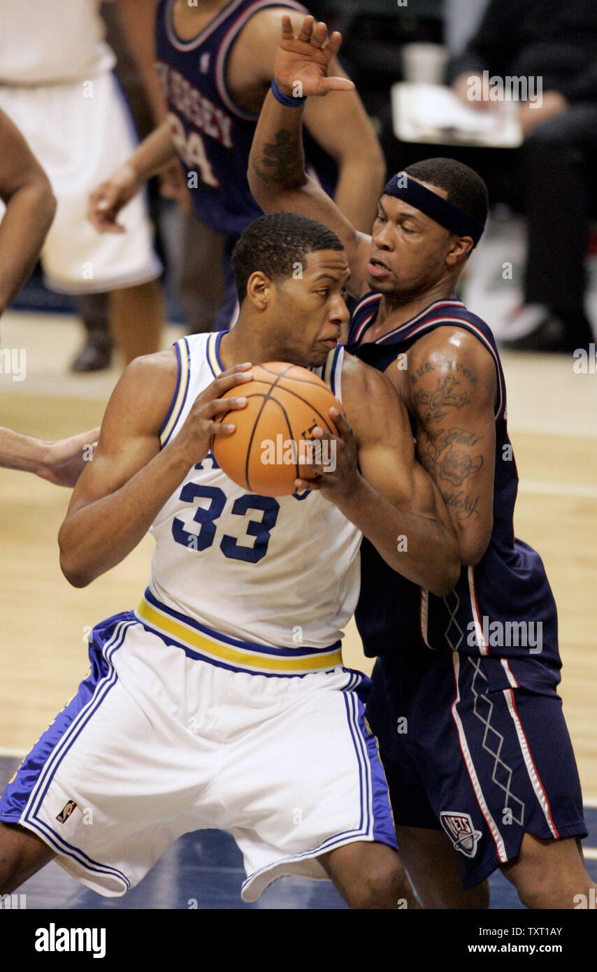 Indiana Pacers forward Danny Granger (33) tries to drive around New Jersey Nets forward Antoine Wright (R) at Conseco Fieldhouse in Indianapolis April 15, 2007. (UPI Photo/Mark Cowan) Stock Photo