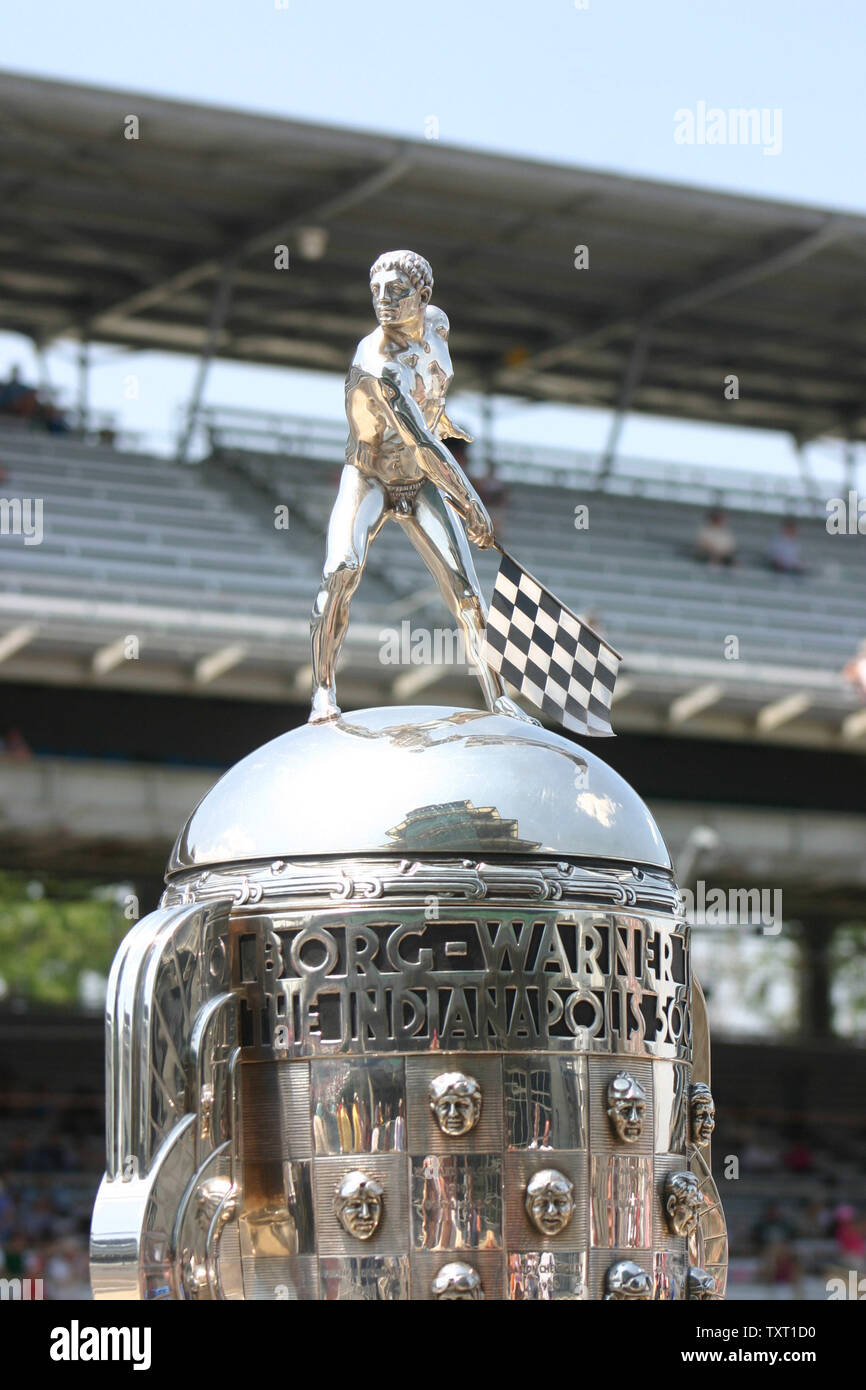 The beautiful Borg-Warner Trophy sits on display at the start finish line on May 20, 2007 at the Indianapolis Motor Speedway in Indianapolis, Indiana. The five foot six trophy has been the symbol of winning the Indy 500 since 1936.  (UPI Photo/ Dennis Daddow) Stock Photo