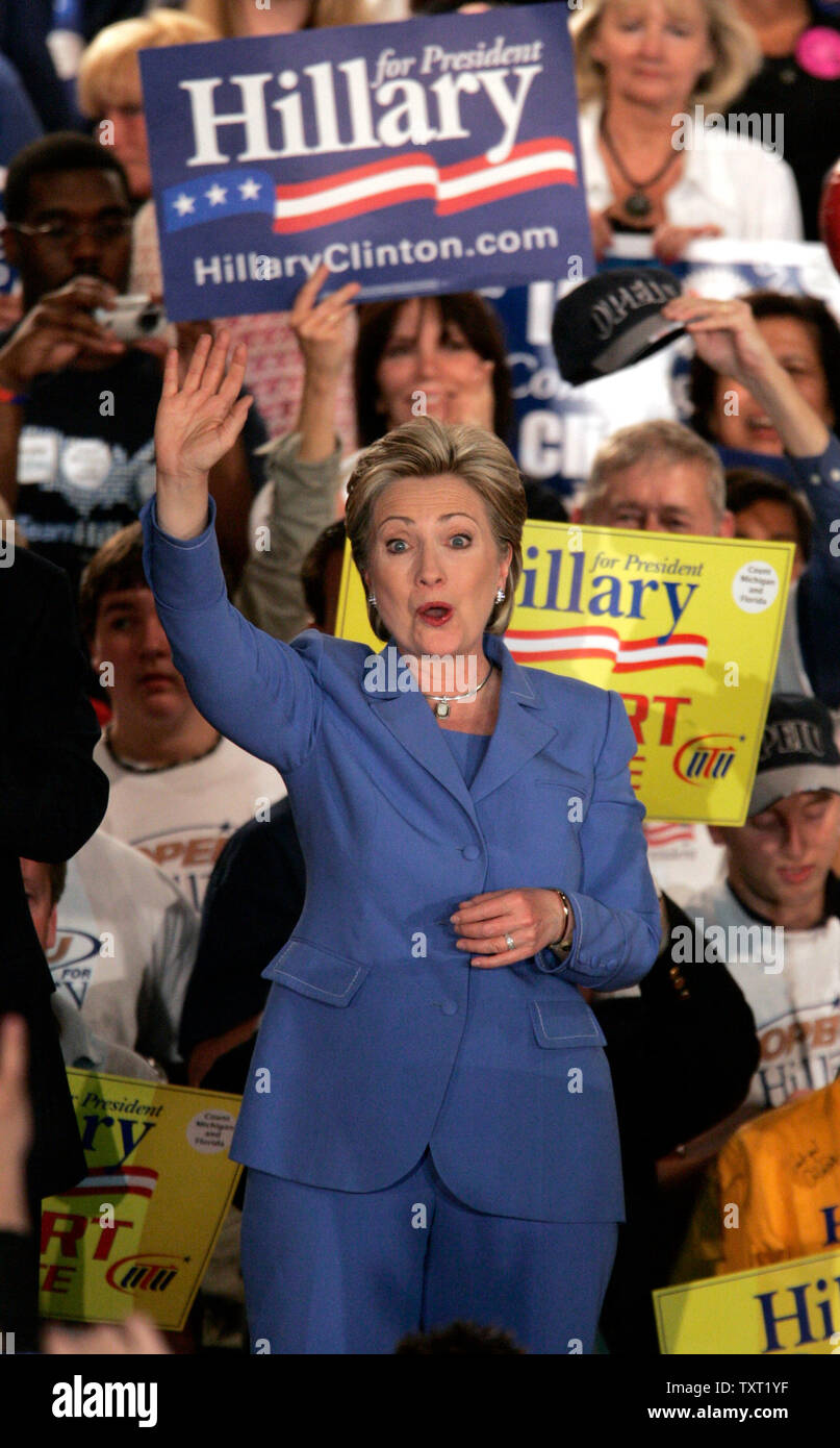 Democratic presidential hopeful Sen. Hillary Clinton (D-N.Y.) waves to  supporters after an Indiana primary night party in Indianapolis on May 6, 2008.  (UPI Photo/Mark Cowan) Stock Photo