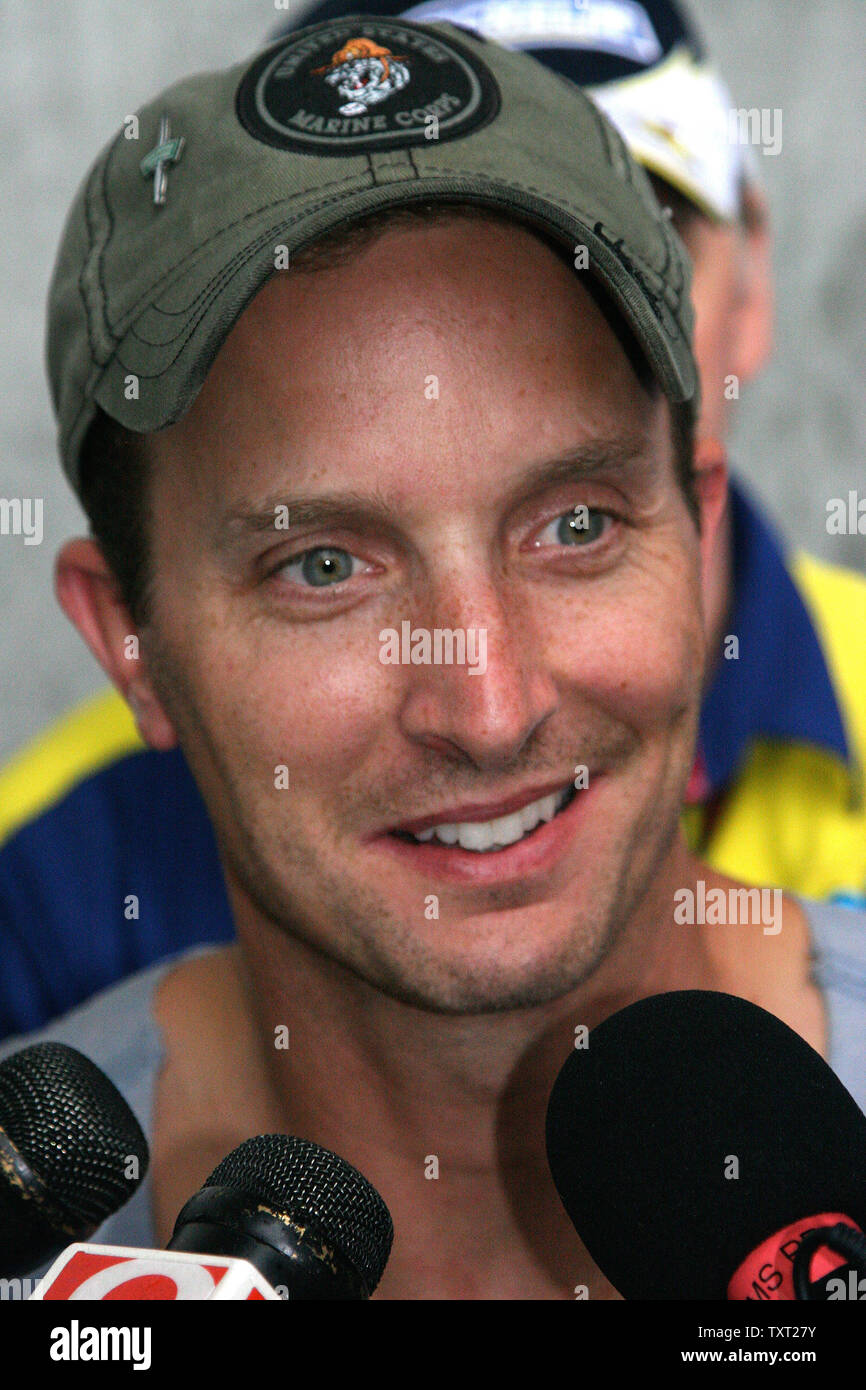 Colin Edwards speaks to the media after completing his practice run for the Red Bull Moto GP at the Indianapolis Motor Speedway in Indianapolis, Indiana. (UPI Photo/Ed Locke) Stock Photo