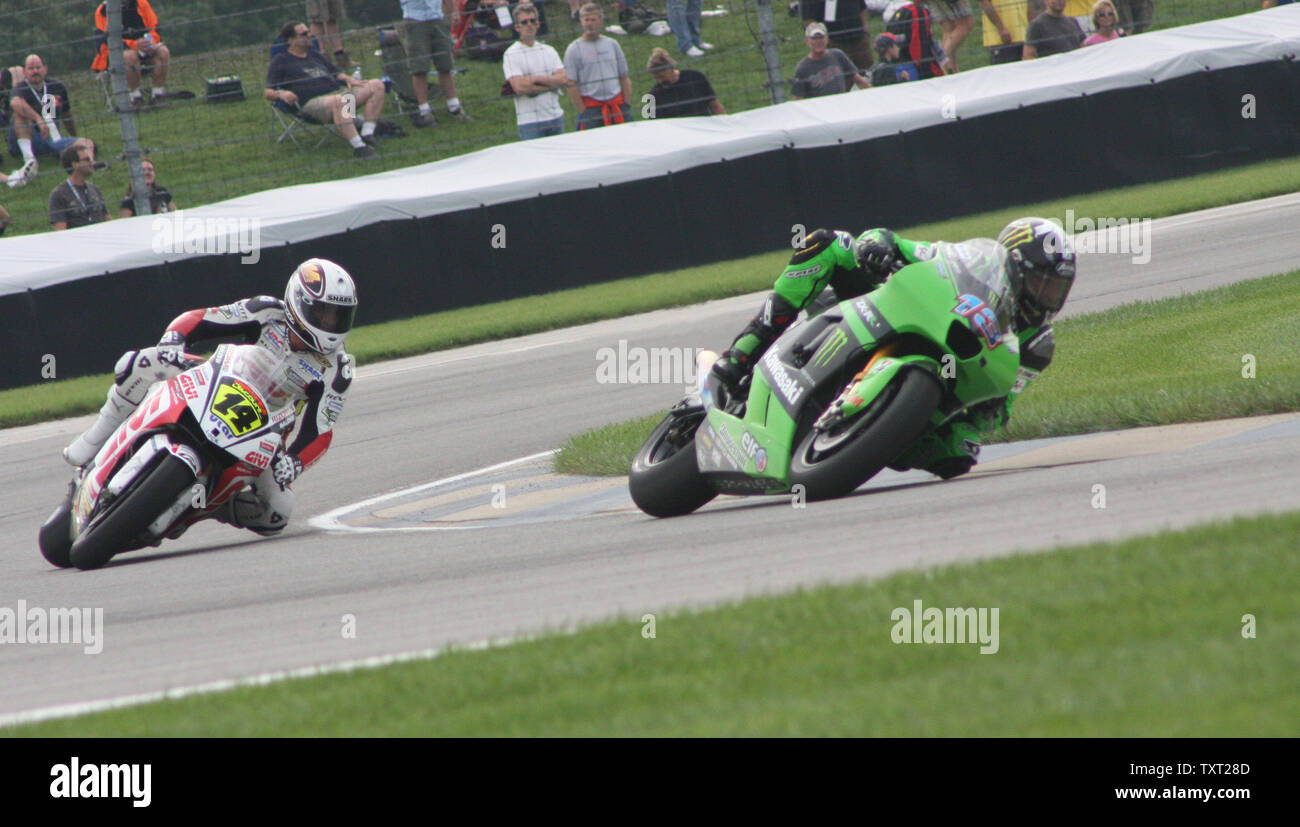 Anthony West of Australia leads Randy De Puniet of France through turn 10 during qualifications for the Red Bull Moto GP on September 13, 2008 at the Indianapolis Motor Speedway in Indianapolis, Indiana. (UPI Photo/Bill Coons) Stock Photo