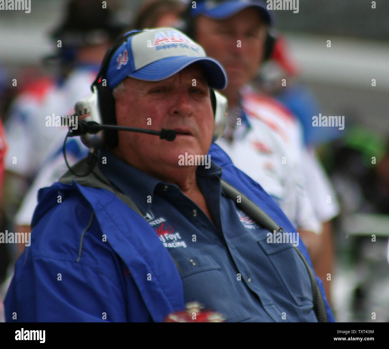 4 time Indianapolis 500 winner AJ Foyt talks to his driver Vitor Meira on May 19, 2011 at the Indianapolis Motor Speedway in Indianapolis, Indiana.     UPI Photo/ Dennis Daddow Stock Photo