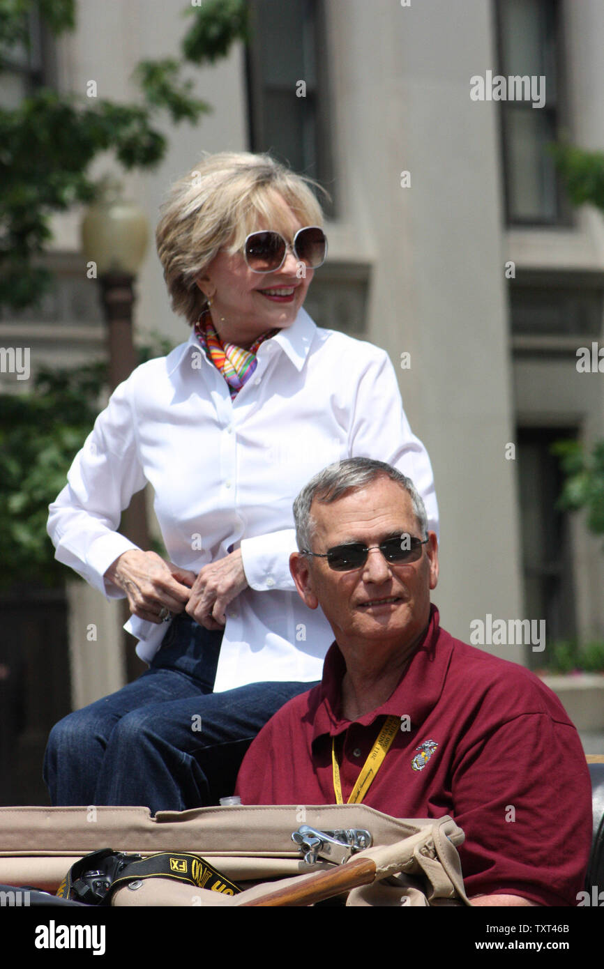 Florence Henderson smiles to the crowd while riding in her vintage pace car during the 500 Festival Parade on May 28, 2011 in Indianapolis, Indiana.     UPI/Teresa Prentice Stock Photo