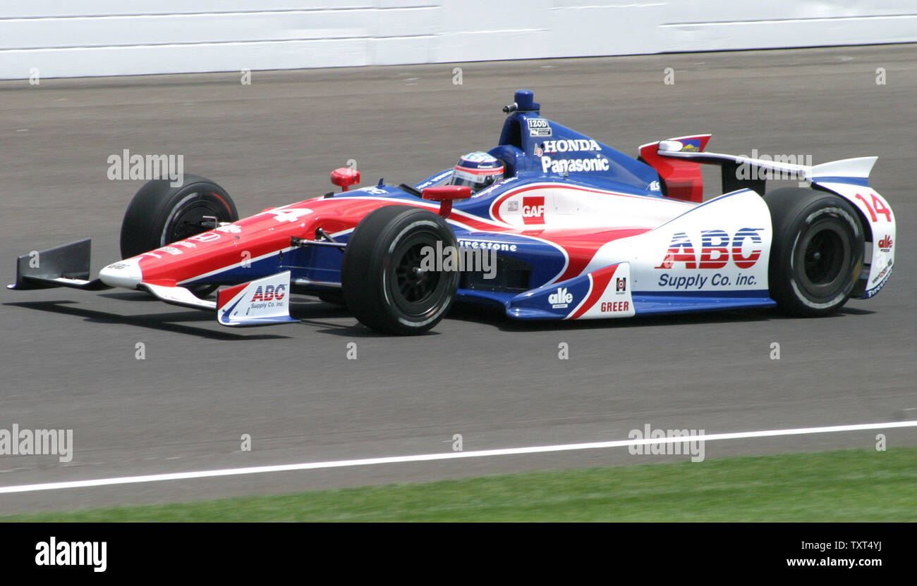 Takuma Sato speeds into the north short chute at the Indianapolis Motor Speedway on May 12, 2013 in Indianapolis, Indiana. Sato drives for the AJ Foyt Enterprises racing team.   UPI/Bill Coons Stock Photo