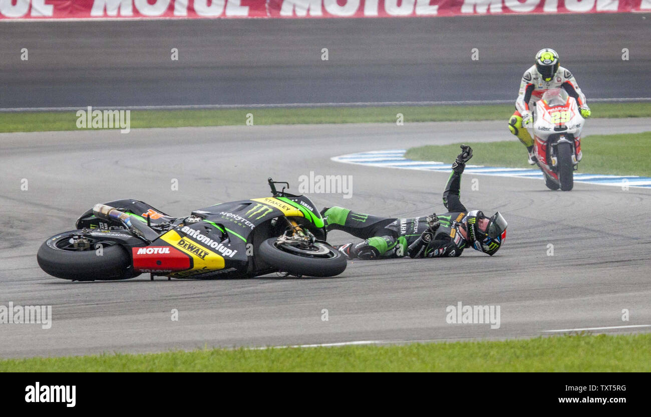 Bradley Smith, on the Monster Yamaha , high sides on his last qualifying lap during the Red Bull Indianapolis GP qualifying at the Indianapolis Motor Speedway on August 9, 2014 in Indianapolis, IN. UPI /Ed Locke Stock Photo