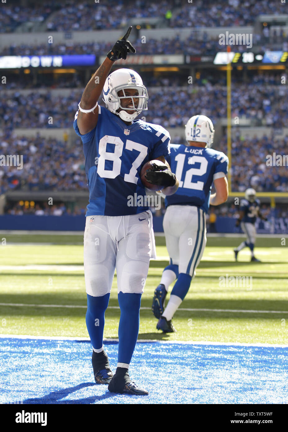Indianapolis Colts wide receiver Reggie Wayne (87) celebrates his touchdown against theTennessee Titans during the second half of play at Lucas Oil Stadium in Indianapolis, Indiana, September 28, 2014.       UPI/John Sommers II Stock Photo