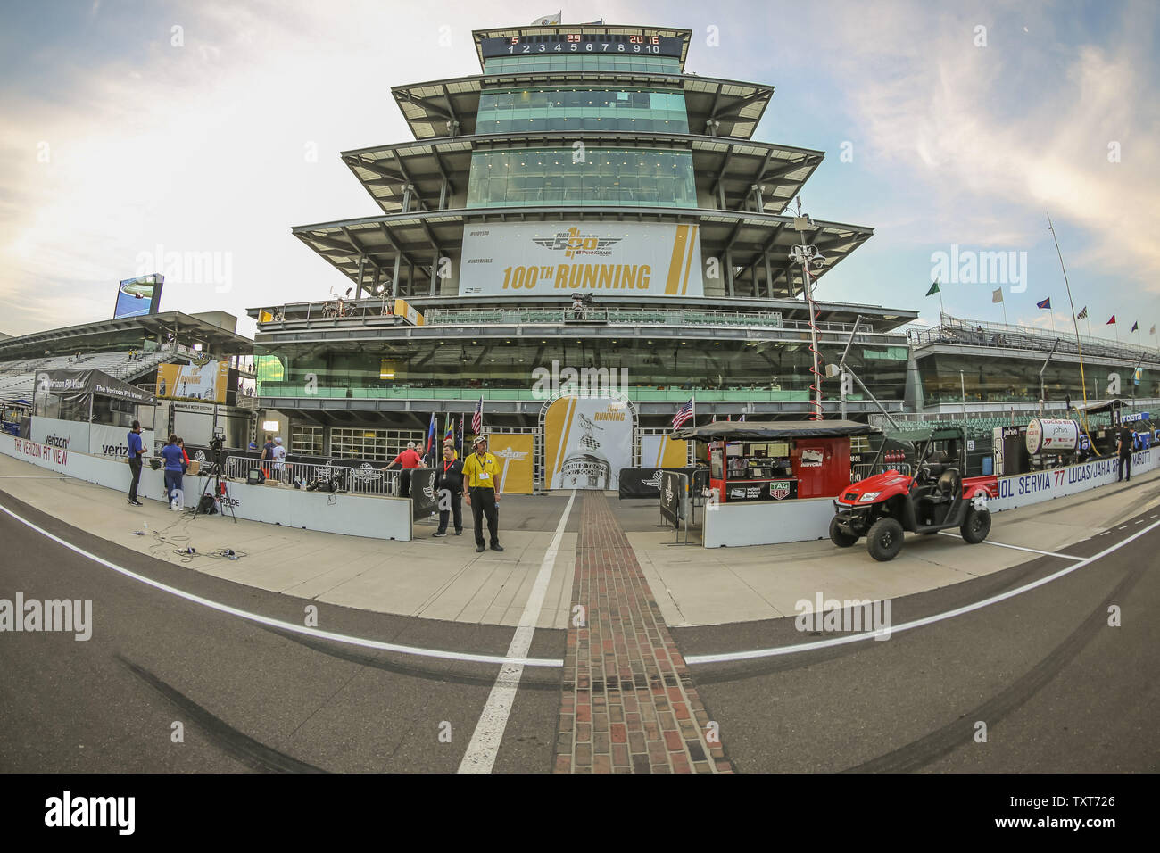 Just after the gates open at 6 am, work continues at the finish line for the 100th running of the Indianapolis 500 at the Indianapolis Motor Speedway on May 29, 2016 in Indianapolis, Indiana.    Photo by Ed Locke/UPI Stock Photo