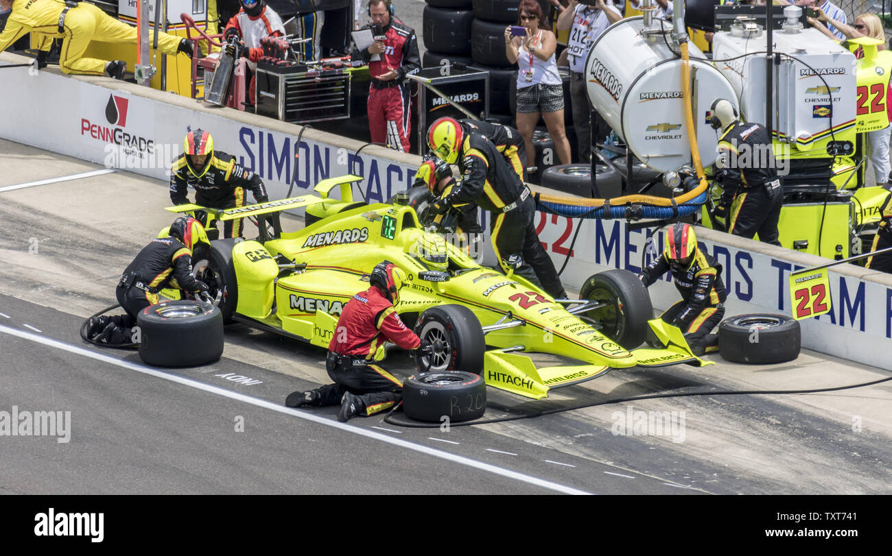Simon Pagenaud pits the Menards Chevrolet about lap 50 for the 100th running of the Indianapolis 500 at the Indianapolis Motor Speedway on May 29, 2016 in Indianapolis, Indiana.    Photo by Ed Locke/UPI Stock Photo