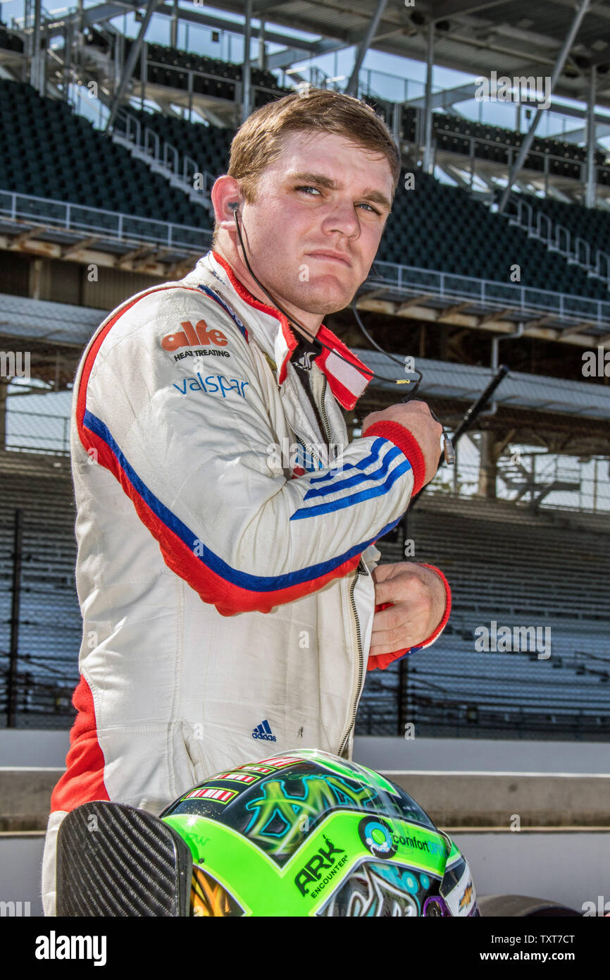 Team AJ Foyt driver Conor Daly suits up during opening day practice at the Indianapolis Motor Speedway on May 15, 2017 in Indianapolis, Indiana.    Photo by Ed Locke/UPI Stock Photo