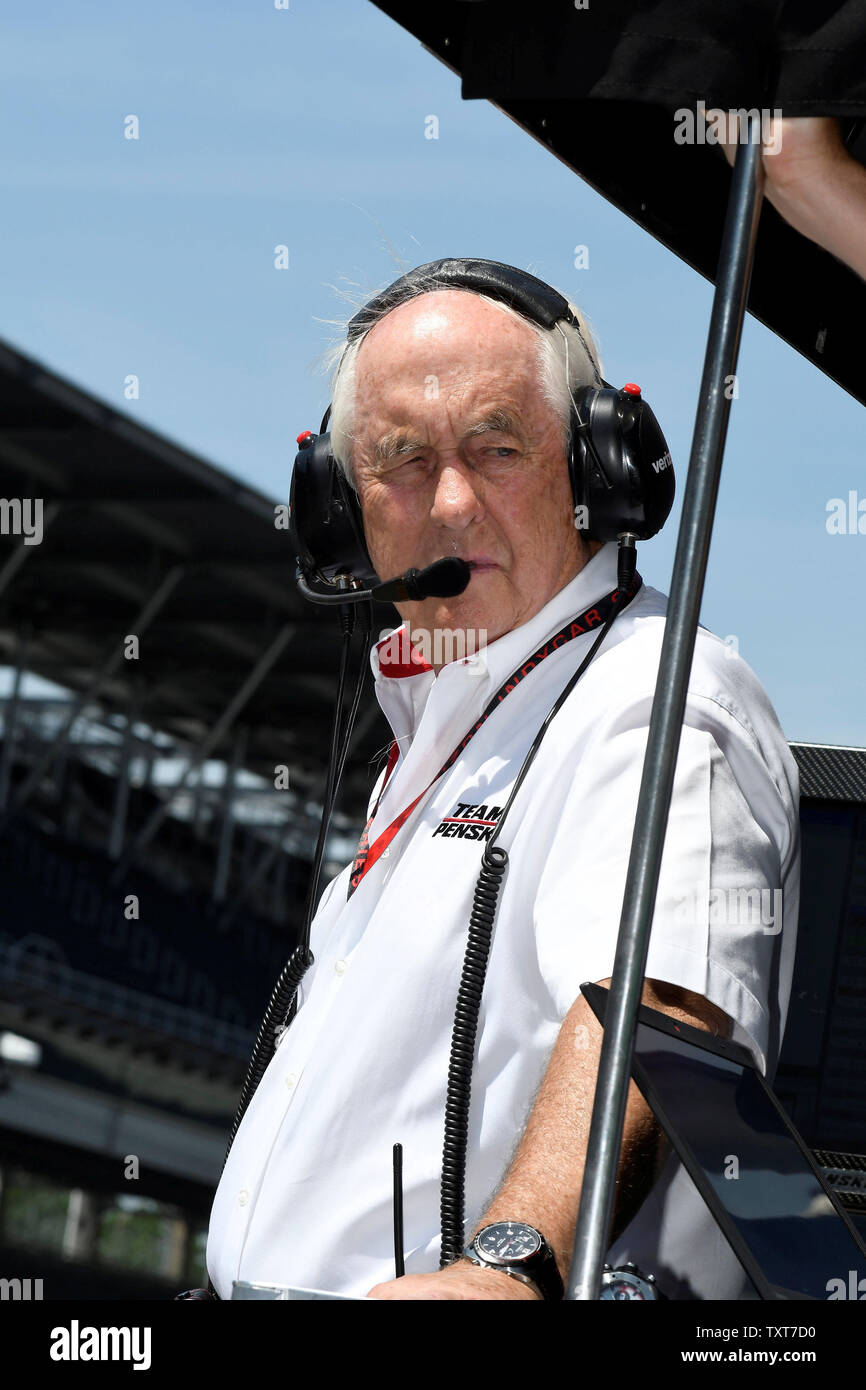 Penske team owner Roger Penske talks to his drivers while at speed on track during day 2 practice at the Indianapolis Motor Speedway on May 16, 2017 in Indianapolis, Indiana.    Photo by Larry Papke/UPI Stock Photo