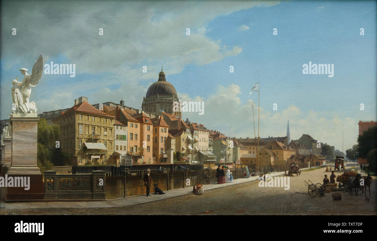 Painting 'Rear view of the Houses at Schloßfreiheit' by German Romantic painter Eduard Gärtner (1855) on display in the Alte Nationalgalerie (Old National Gallery) in Berlin, Germany. The dome of the Berliner Stadtschloss (Berlin State Palace) and the Schlossbrücke (Palace Bridge) over the Spree River in Berlin are seen in the panting. Stock Photo