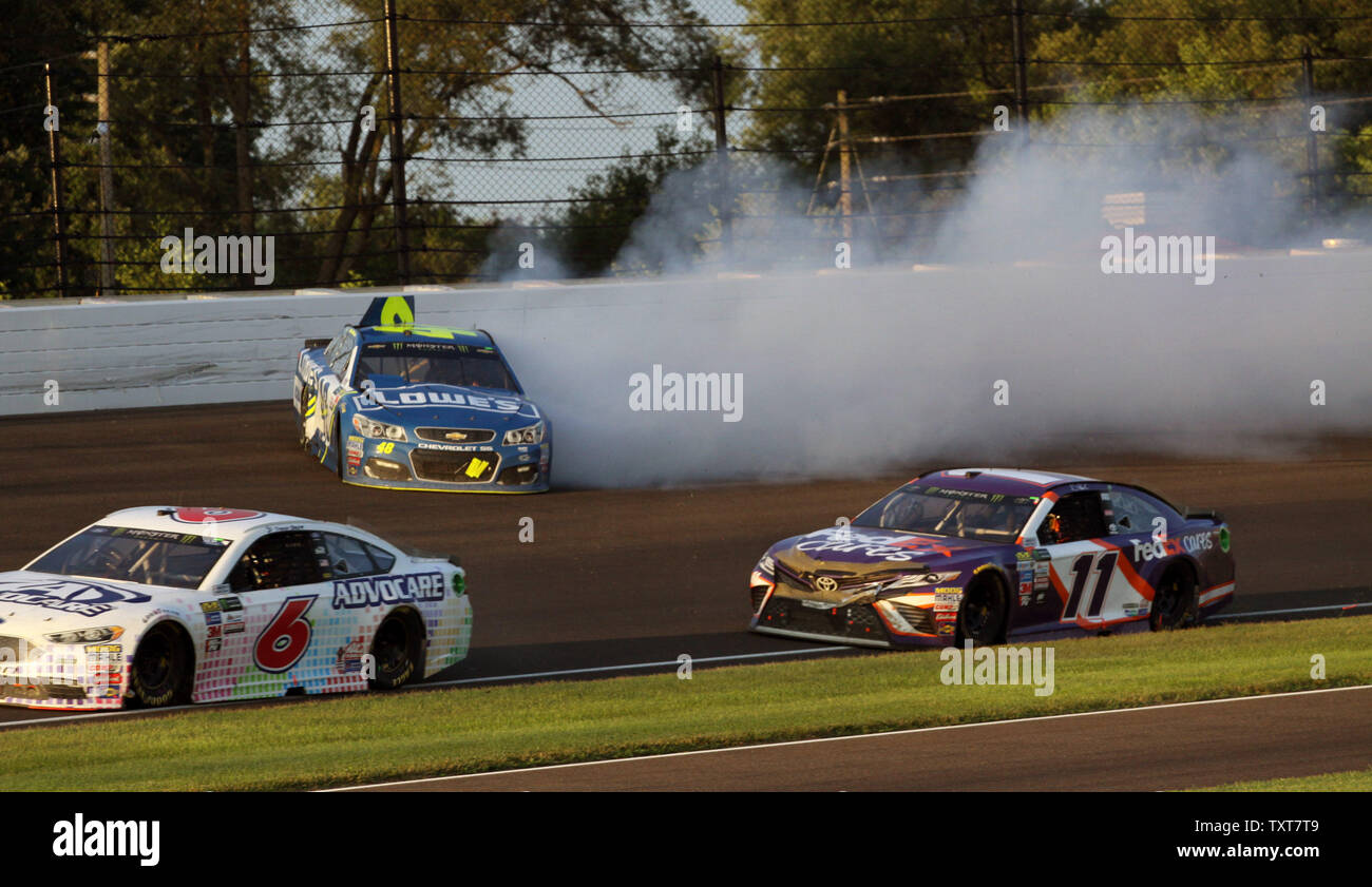 4 time Brickyard 400 winner Jimmie Johnson slides after hitting the 3rd