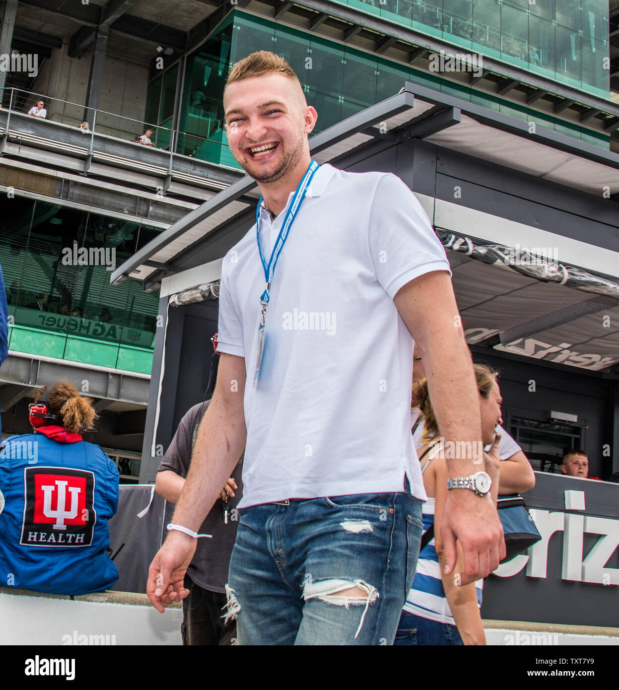 Indiana Pacer Forward Domatas Sabonis enjoys pre-race activities at the IndyCar Grand Prix at the Indianapolis Motor Speedway on May 12, 2018 in Indianapolis, Indiana. Photo by Edwin Locke/UPI Stock Photo