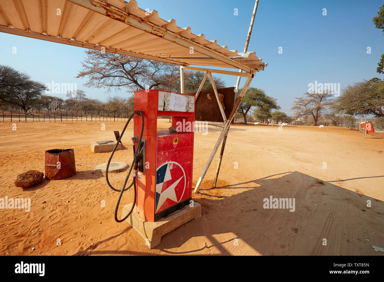 Gas station with “No Petrol” sign in Epukiru in Namibia in Africa Stock Photo