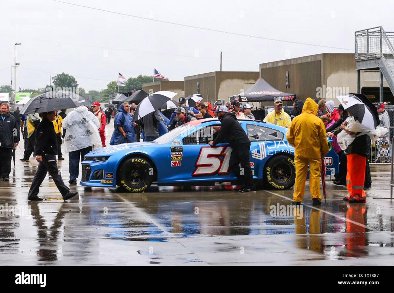 David Star's RickWay Racing Team Ford  returns to the garage area in Gasoline Alley after rain washed out qualifications for the 25th running of the Brickyard 400 at the Indianapolis Motor Speedway on September 8, 2018 in Indianapolis, Indiana.    Photo by Mike Gentry/UPI Stock Photo