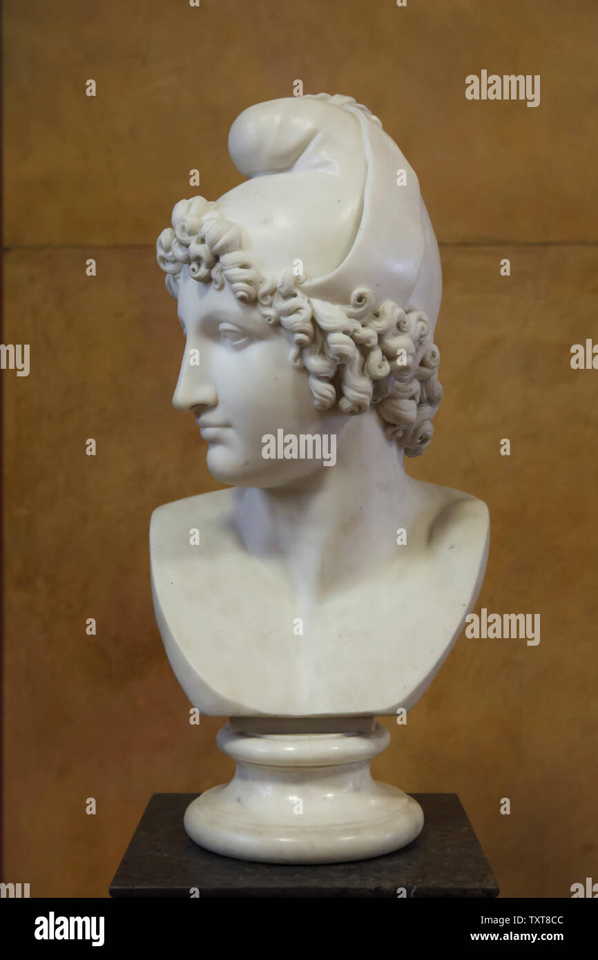 Marble bust of Paris by Italian Neoclassical sculptor Antonio Canova (1810) on display in the Alte Nationalgalerie (Old National Gallery) in Berlin, Germany. Stock Photo