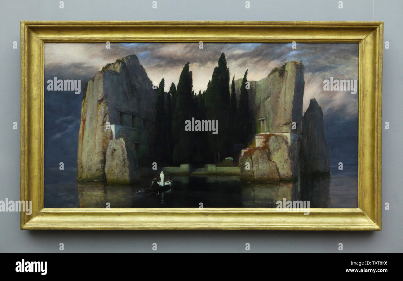 Painting 'Isle of the Dead' ('Die Toteninsel') by Swiss symbolist painter Arnold Böcklin (1883) on display in the Alte Nationalgalerie (Old National Gallery) in Berlin, Germany. Stock Photo
