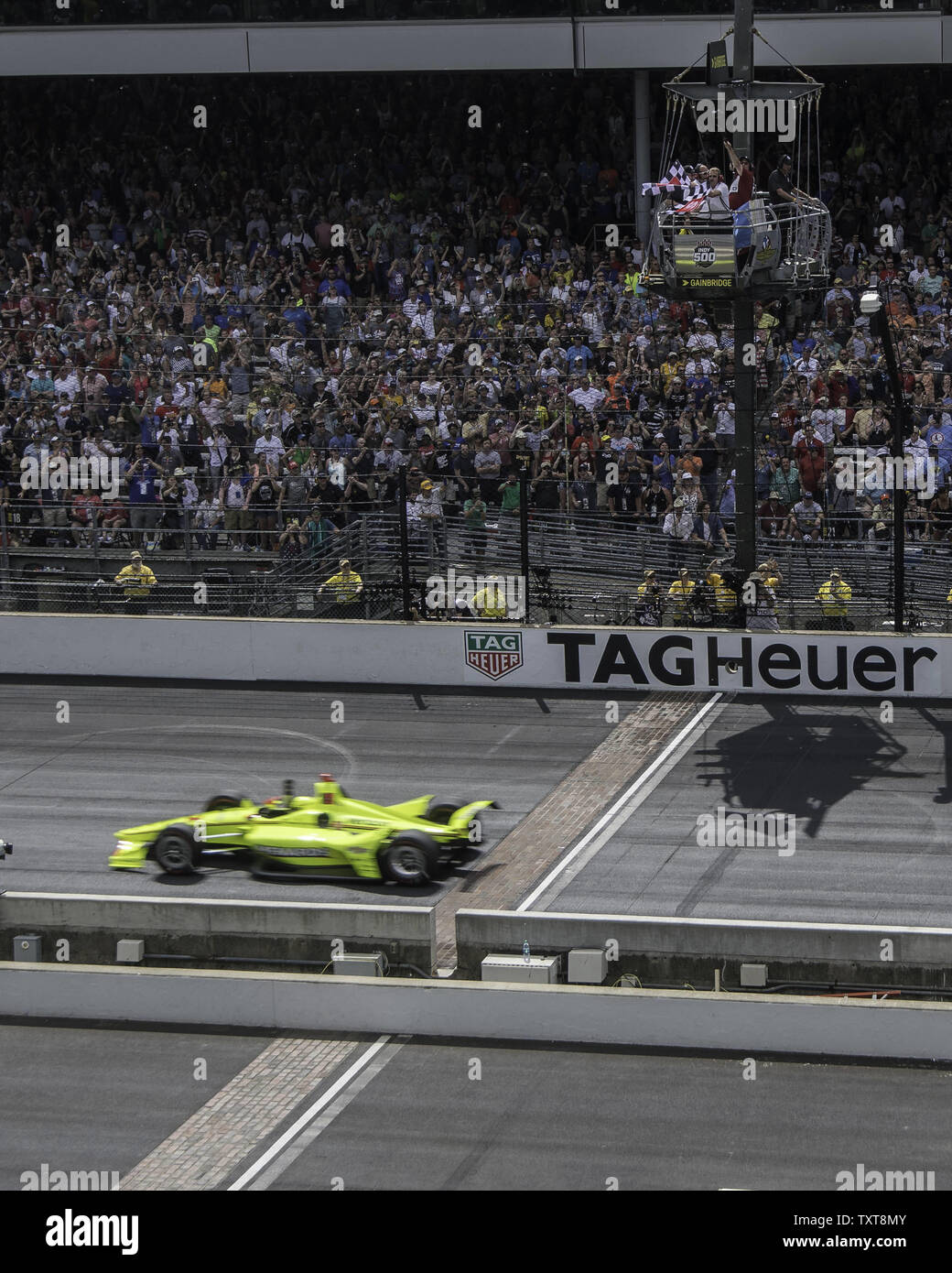 Simon Pagenaud drives the Menards Team Penske Chevrolet to victory the103rd running of the Indianapolis 500 at the Indianapolis Motor Speedway on May 26, 2019 in Indianapolis, Indiana.    Photo by Darrell Hoemann/UPI Stock Photo