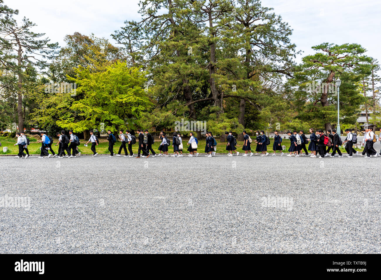 Kyoto, Japan - April 17, 2019: Many people school children boys and girls walking in line on gravel street road near Imperial Palace on field trip Stock Photo