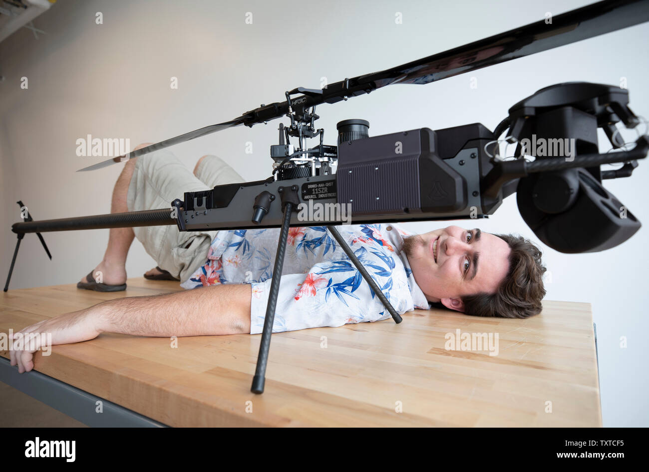 Palmer Luckey, founder of Anduril Industries with their Lattice Ghost Drone. Anduril is named after the sword in Lord of the Rings trilogy Stock Photo