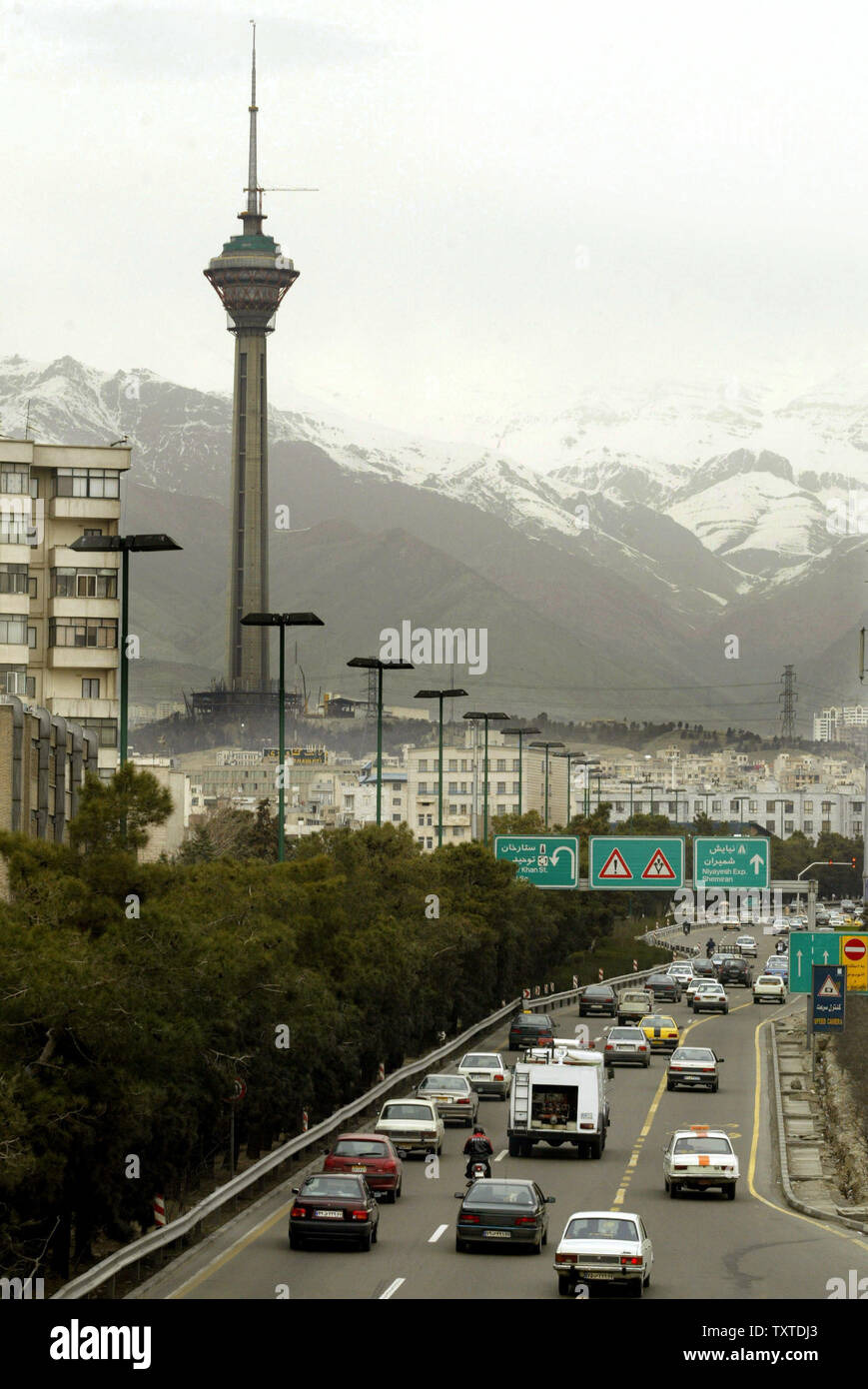 Tehran Highways Traffic moves along on the highways as the Milad tower is seen on the ...