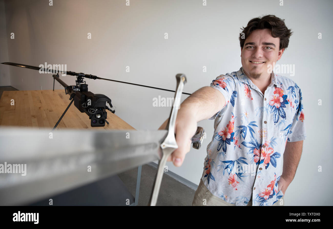 Palmer Luckey, founder of Anduril Industries with their Lattice Ghost Drone. Anduril is named after the sword in Lord of the Rings trilogy Stock Photo