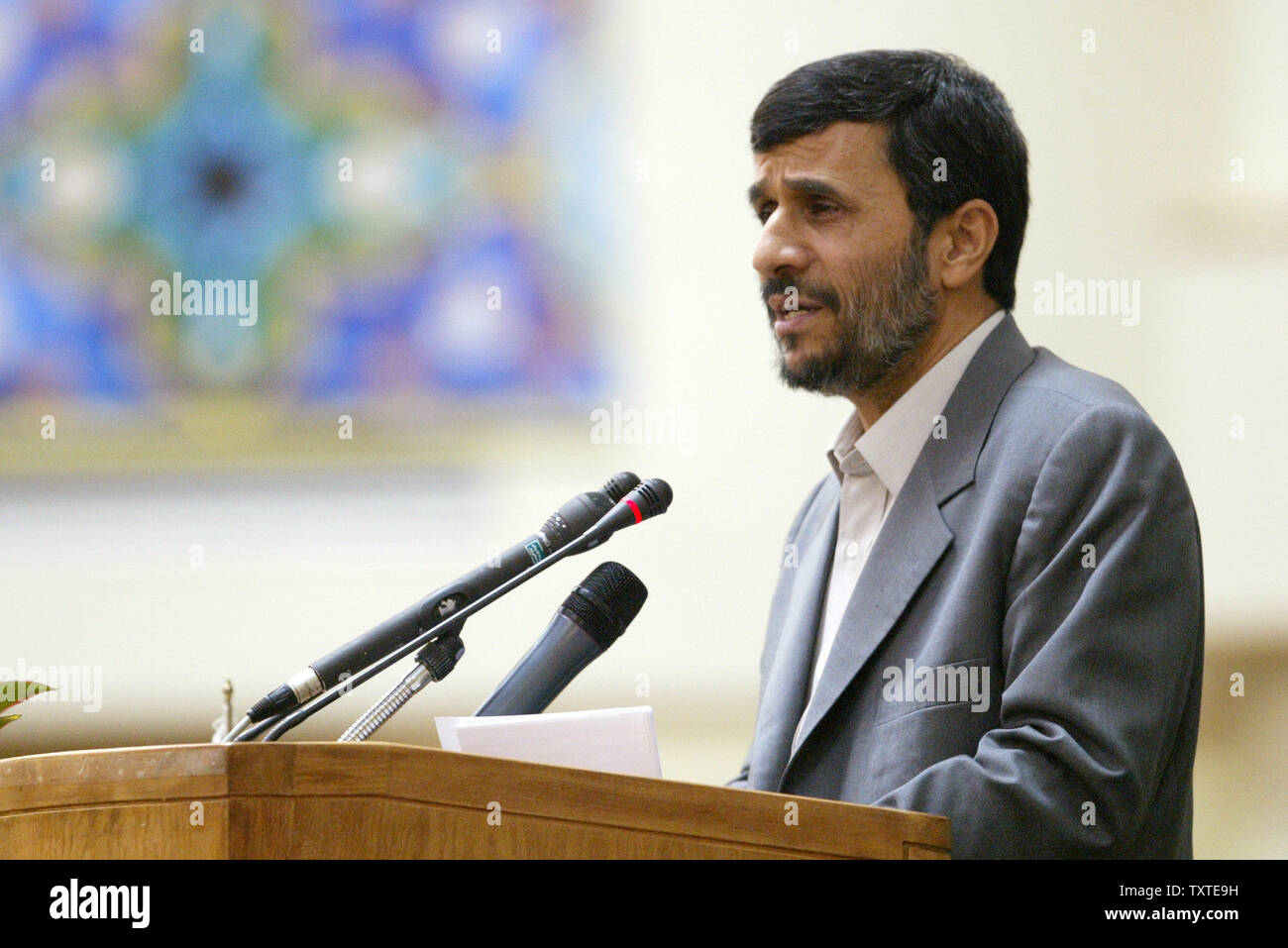Iran's President Mahmoud Ahmadinejad speaks during the the Fourth Ahl-ul-Bait General Assembly in Tehran, Iran on August 18, 2007. Tehran has called illegal the alleged intention by the US government to formally apply the label of foreign terrorist organization to the Iranian Revolutionary Guard. (UPI Photo/Mohammad Kheirkhah) Stock Photo