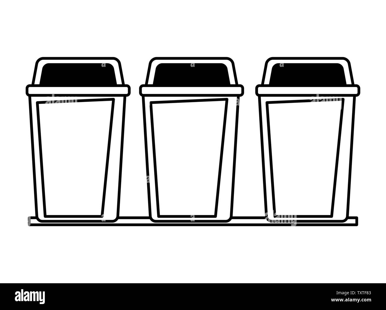 three garbage can icon cartoon in black and white Stock Vector Image