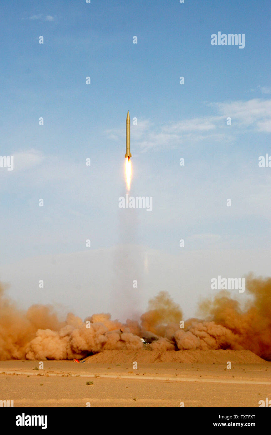 An Iranian Shahab-3 missile is launched during a military maneuver dubbed 'al-Rasoul al-Aazam,' or Greater Prophet, in the Persian Gulf 1,000 kilometers south of Tehran on July 9, 2008. The Iranian military reportedly test-fired nine missiles Wednesday, including one that Tehran claims can reach Israel. The missiles tested were long and medium range arms, including a new version of the Shahab-3 Iranian officials said can strike targets 1,250 miles away, the New York Times reported. Iran warned Israel and the United States it would retaliate against an attack. Israel has expressed concern about Stock Photo