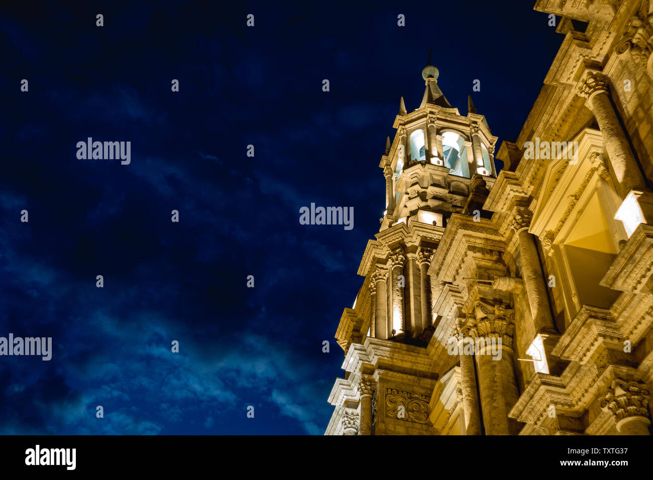 Basilica Cathedral of Arequipa, Peru. At night time, the sky was powerful. Stock Photo