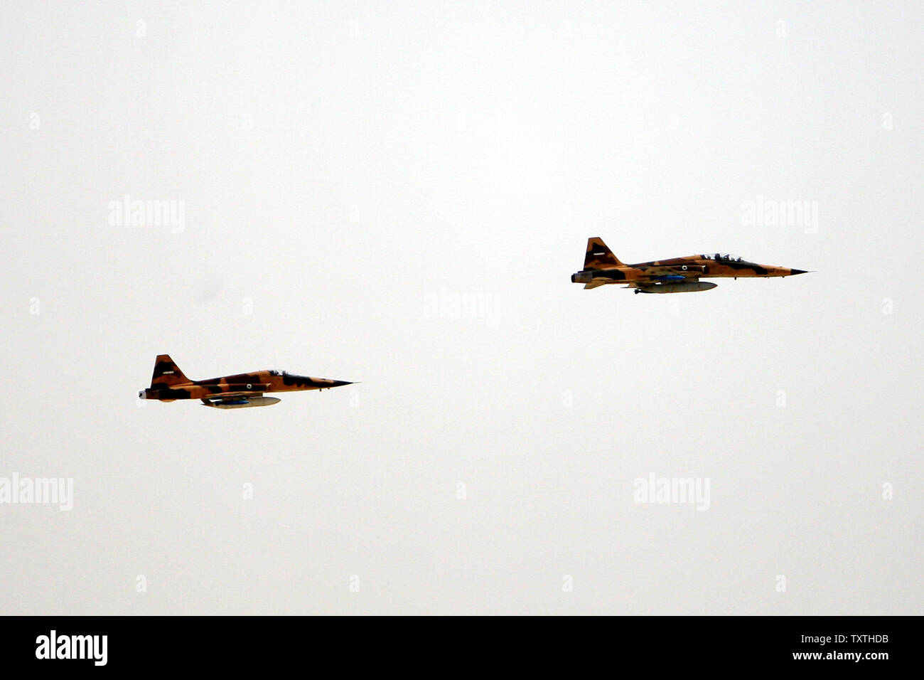 Iranian F5 jet fighters fly during a large maneuver at Sea of Oman in Iran on June 23, 2009.  (UPI Photo/Ebrahim Norouzi/STR) Stock Photo
